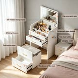 3-in-1 Vanity Desk with LED Mirror & Power Outlet 23.6" Flip-Up Dressing Table with Charging Station 3 Drawers Glass Top for Bedroom