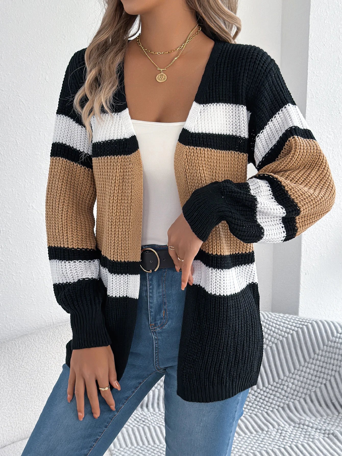 Women's Color Block Striped Cardigan Sweaters 2026 Autumn Winter Casual Lantern Long Sleeve Knitted Coats Fashion Woman Outwear