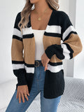 Women's Color Block Striped Cardigan Sweaters 2026 Autumn Winter Casual Lantern Long Sleeve Knitted Coats Fashion Woman Outwear