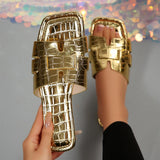 Women's Sandals Embossed Texture Flat Slides Non-Slip Elegant Open Toe SlippersIndoor Outdoor Shoes