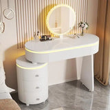 Round Makeup Vanity Desk with Mirror and Lights, Faux Leather Modern Vanity Desk with Reversible Side Cabinet, Small