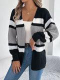 Women's Color Block Striped Cardigan Sweaters 2026 Autumn Winter Casual Lantern Long Sleeve Knitted Coats Fashion Woman Outwear