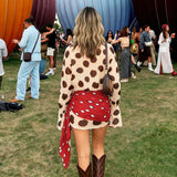 Coachella Style Polka Dot Two Piece Outfit, Sheer Flare Sleeve Shirt & Wrap Skirt, Casual Vacation Set For Women