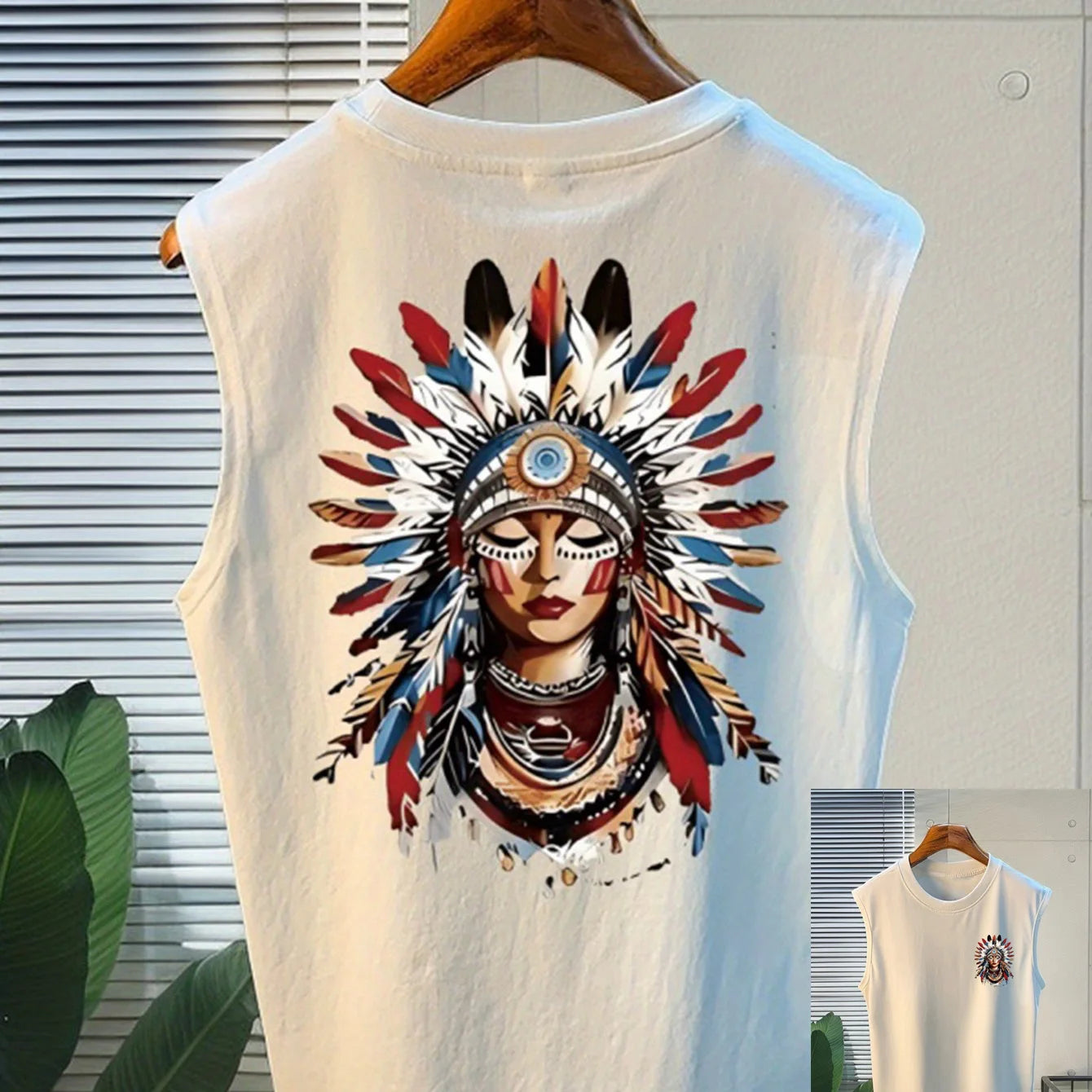 100% pure cotton summer men's fashionable casual loose American trend retro printed beach sports sleeveless vest