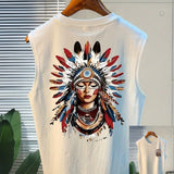 100% pure cotton summer men's fashionable casual loose American trend retro printed beach sports sleeveless vest
