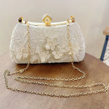 Fashion Pearl Chain Handbags Female White Embroidered Lace Flower Clutch Purse Crossbody Shoulder Party Wedding Prom Evening Bag
