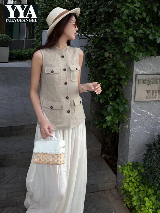 Summer Female Hollow Out O Neck Vest New Women Single Breasted Leisure Vests Fashion Thin Sleeveless Jacket Solid Color Tank Top
