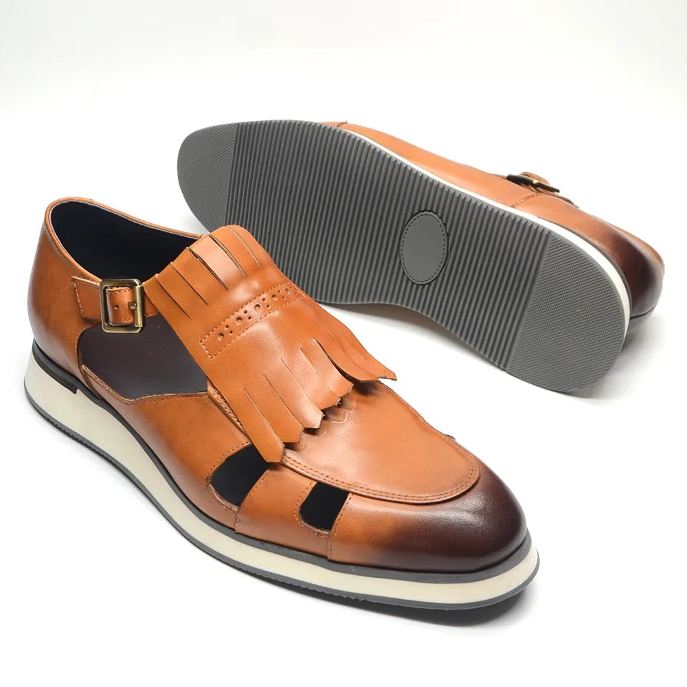 Classy Trending Mens Tassel Sandals Genuine Leather Buckle Strap Hollow Out Summer Casual Shoes for Men Comfortable Breathable