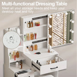 Modern White Dressing Table Stool Set with 3-Color Adjustable LED Light Mirror 4 Drawers For Bedroom Living Room Vanity Table