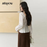 MISHOW Women's French Lace Trim Blouse 2026 Autumn V‑Neck Tie Front Loose solid blouses Babydoll Style Casual Tops MXF43X2783