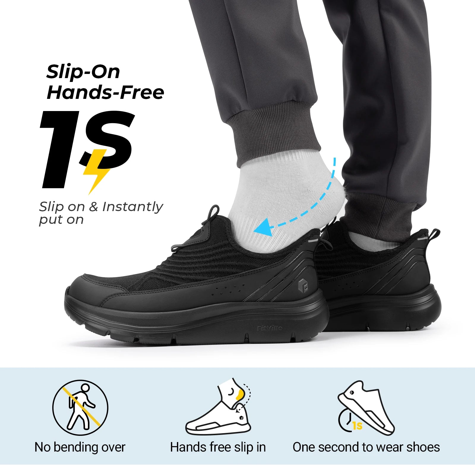 FitVille Men'S Extra Wide Hands-Free Slip-On Walking Sneakers, Lightweight Breathable Orthopedic Shoes With Arch Support, Foot Pain Relief For Swollen Feet