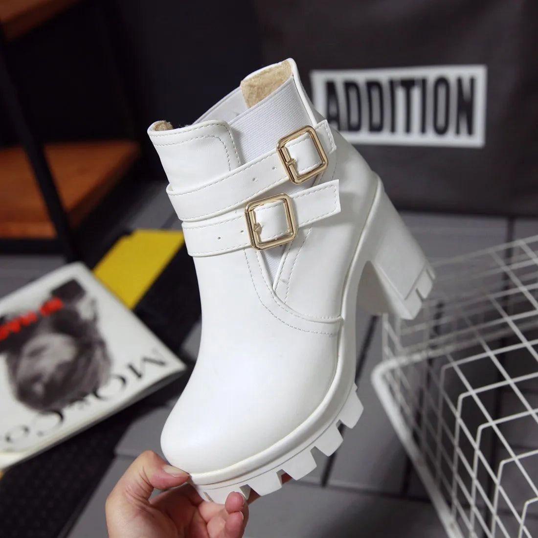 Women's Ankle Boots Women Platform High Heels Fashion Buckle Side Zipper Autumn Winter Women's Ankle Boots Size 33-43