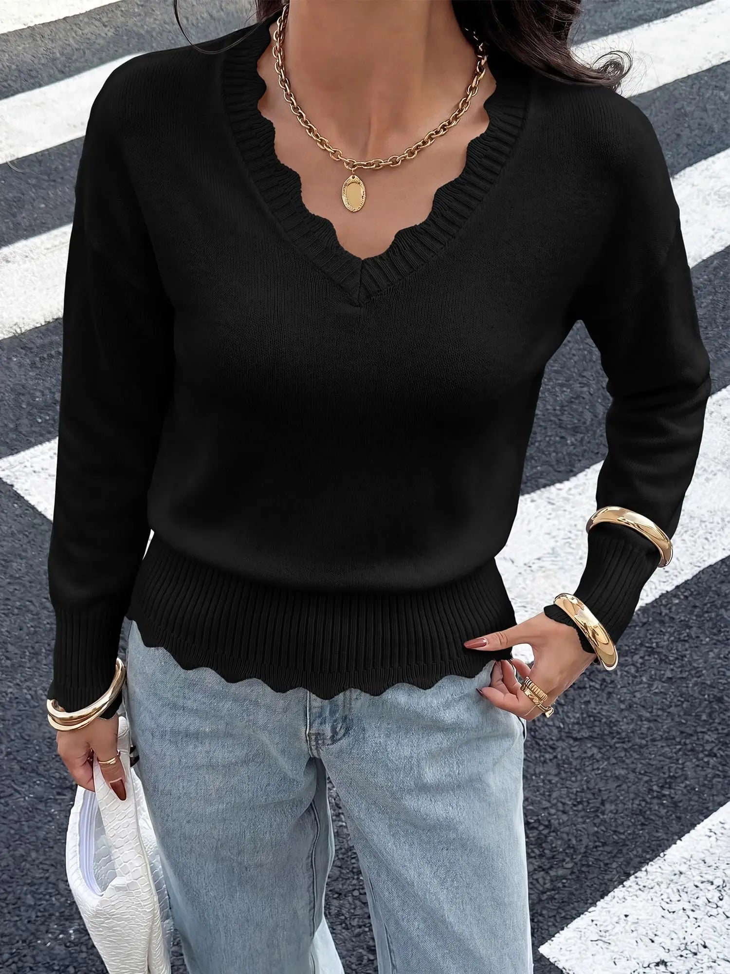 Lightweight Knit Sweaters Top For Women Daily Wear Scallop Edges V Neck Pullover Tops Autumn And Winter Long Sleeved