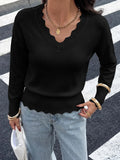 Lightweight Knit Sweaters Top For Women Daily Wear Scallop Edges V Neck Pullover Tops Autumn And Winter Long Sleeved