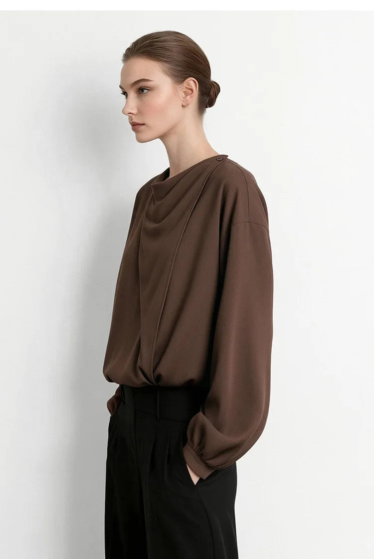 Amii 2026 Autumn Women Blouse Reversible V Neck Wrap Cowl Neck Long Sleeve Chiffon Blouses Woman Loose Casual Shirts 12643013