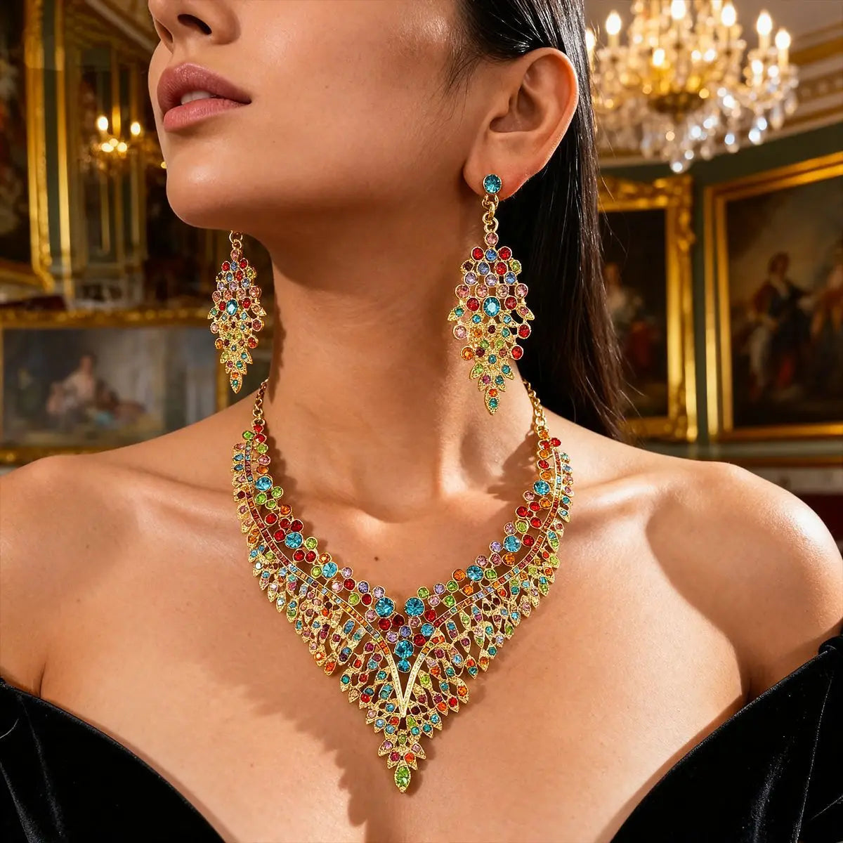 FYUAN Luxury Inlay Rhinestone Necklace Earrings For Women Purple Crystal Water Drop Pendant Wedding Bride Jewelry Sets