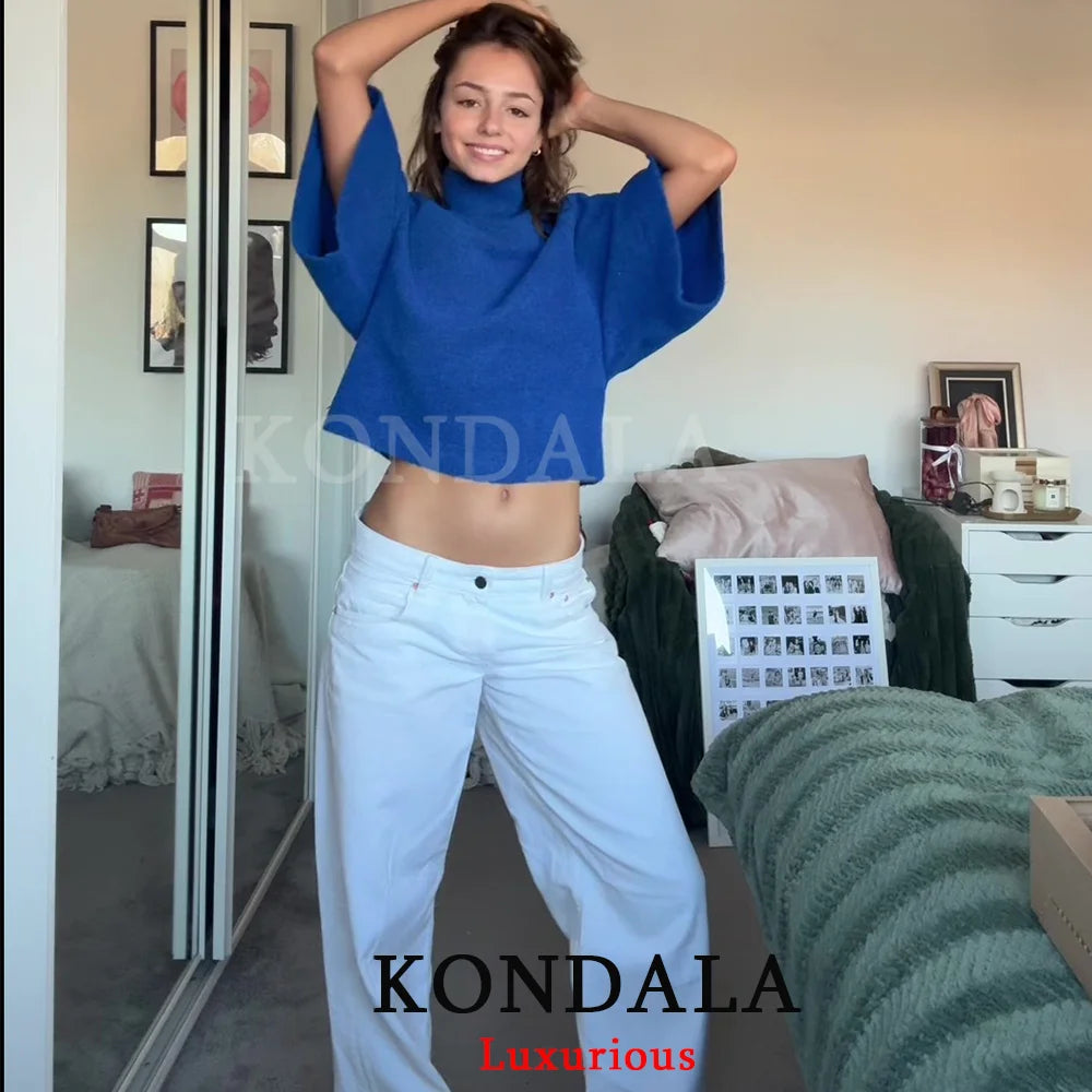 KONDALA Casual Chic Blue Knit Sweaters Women O Neck Half Sleeve Loose Short Pullovers Fashion 2026 Spring Elegant Y2K Girl Tops
