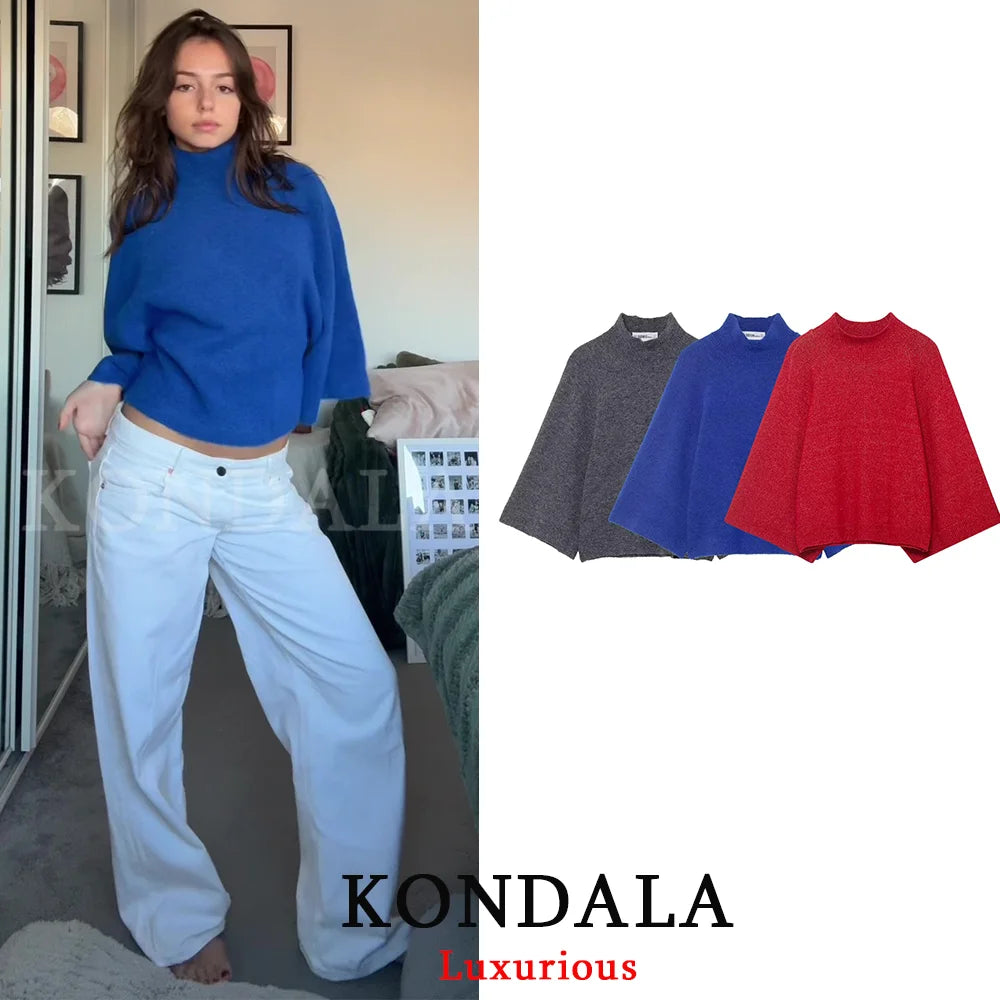 KONDALA Casual Chic Blue Knit Sweaters Women O Neck Half Sleeve Loose Short Pullovers Fashion 2026 Spring Elegant Y2K Girl Tops