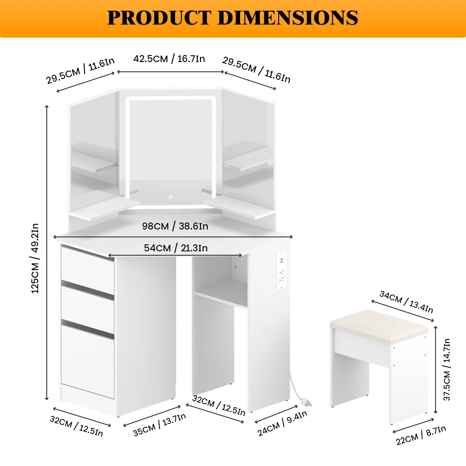 LED Vanity Desk With 3-Light Modes & Built-in Charging Station - Makeup Table With Open Storage Shelves, Drawers & Matching Stool