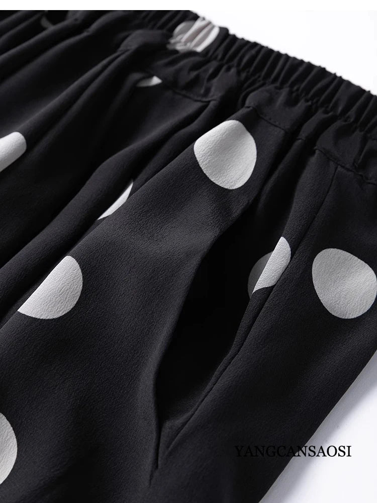 Modern Large Polka Dot 100% Natural Mulberry Silk Crepe De Chine Elastic Waist Women's Fashionable Cropped Lantern Pants