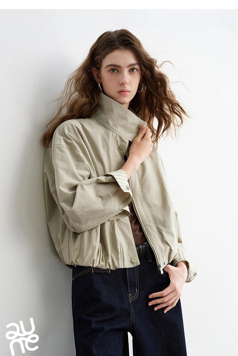 TOYOUTH Women Slub Cotton Jackets 2026 Spring New Cropped Tulip Silhouette Striped Cuff - Turn Up Stand Collar Tops
