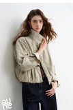 TOYOUTH Women Slub Cotton Jackets 2026 Spring New Cropped Tulip Silhouette Striped Cuff - Turn Up Stand Collar Tops