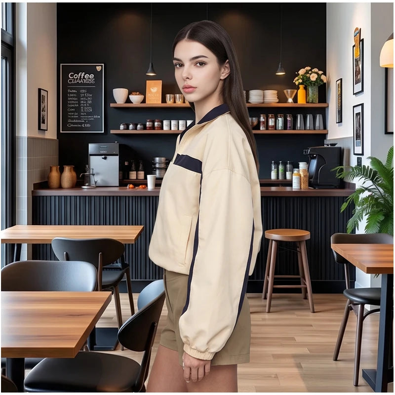 Women's Jackets Beige Black Zip Collar Crop Jacket Lapel Loose Streetwear Spring Autumn Chic Sports Outfits Short Coats 2026 New