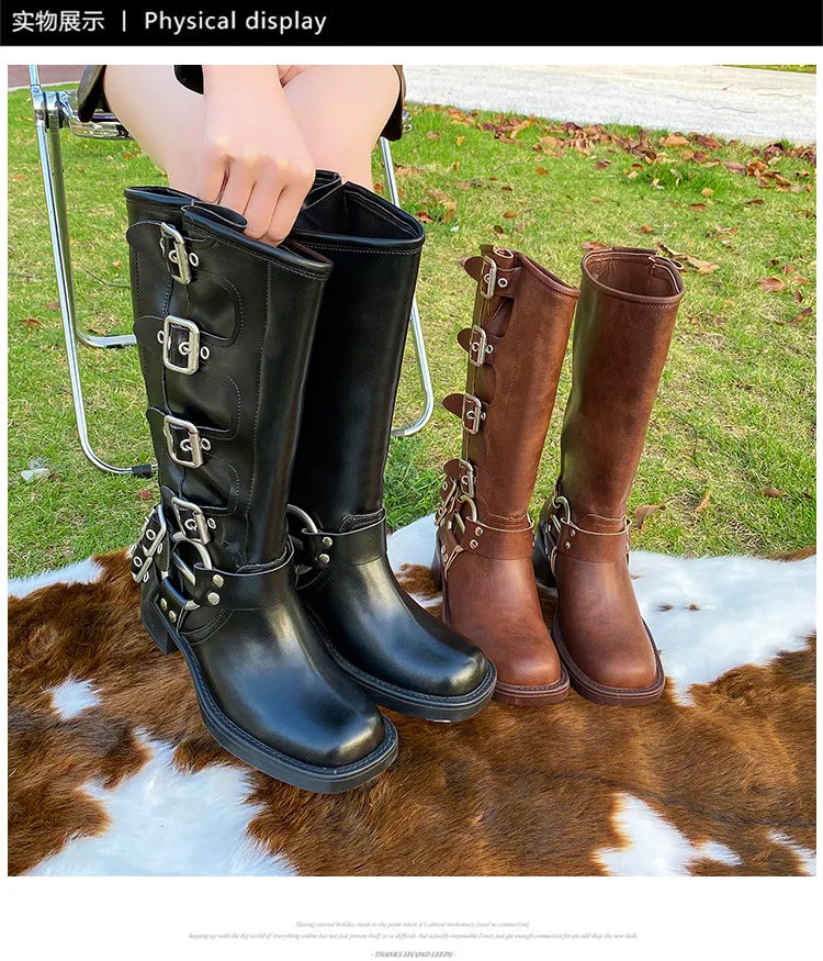 Women's High Platform Boots Metal Buckle Thick Heel Motorcycle Boots Vintage Soft Leather Punk Boot Brown Leather Knight Boot