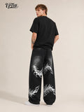 UP.THE Men Black Faded Baggy Wide Leg Jeans, Y2K Oversized Loose White Centipede Skeleton Print Denim Pants, Gothic Grunge Streetwear Trousers for Daily Outfits