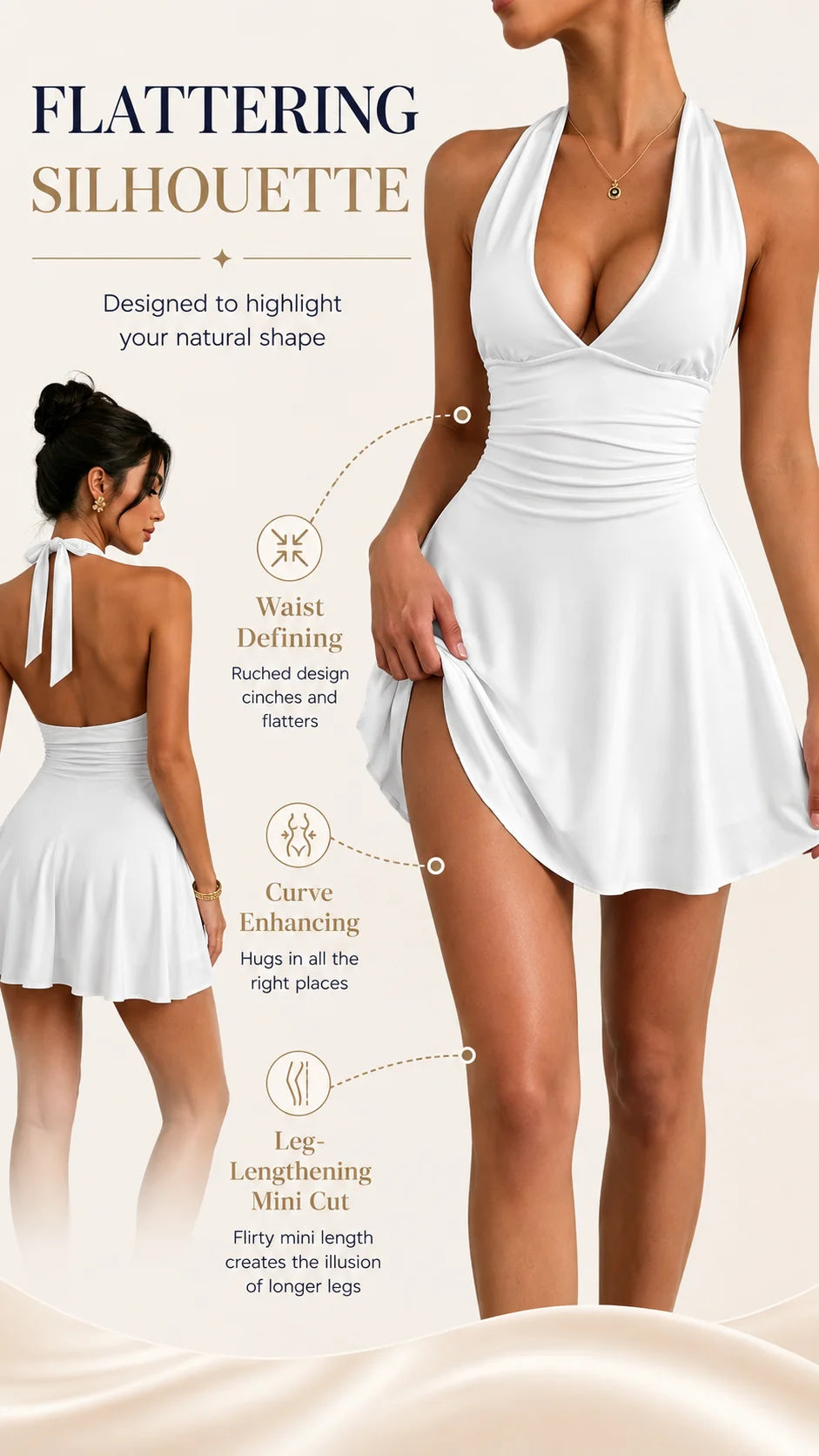 Women's Halter Deep V Neck Mini Dress, Ruched Waist Flared Ruffle Hem Bodycon Dress, Sexy Sleeveless Slim Fit Party Club Short Dress