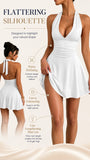 Women's Halter Deep V Neck Mini Dress, Ruched Waist Flared Ruffle Hem Bodycon Dress, Sexy Sleeveless Slim Fit Party Club Short Dress
