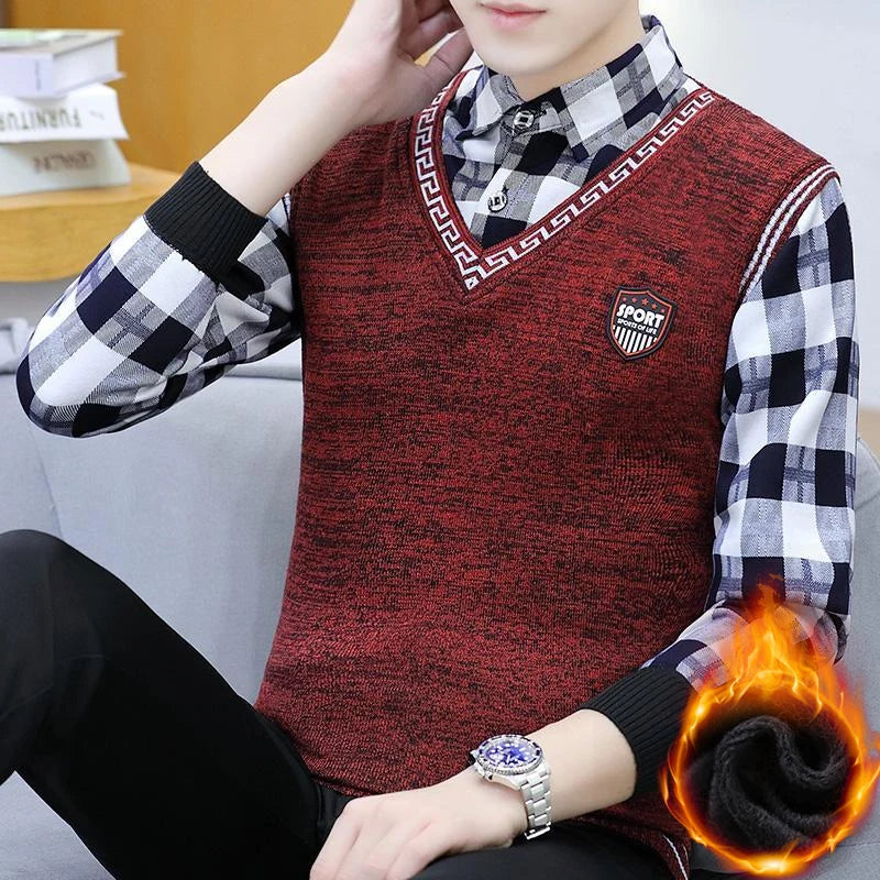 Autumn Winter Plaid Sweaters Polo Collar Pullover Slim Fit Man Clothes Plush Warm Jumpers Thick Fake 2 Piece Polo Shirts