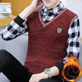 Autumn Winter Plaid Sweaters Polo Collar Pullover Slim Fit Man Clothes Plush Warm Jumpers Thick Fake 2 Piece Polo Shirts