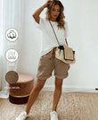 Women's Summer Vintage Modest Linen Casual Drawstring Rolled Hem Shorts,Elastic Waist Textured Fabric Khaki Loose Trousers For Vacation