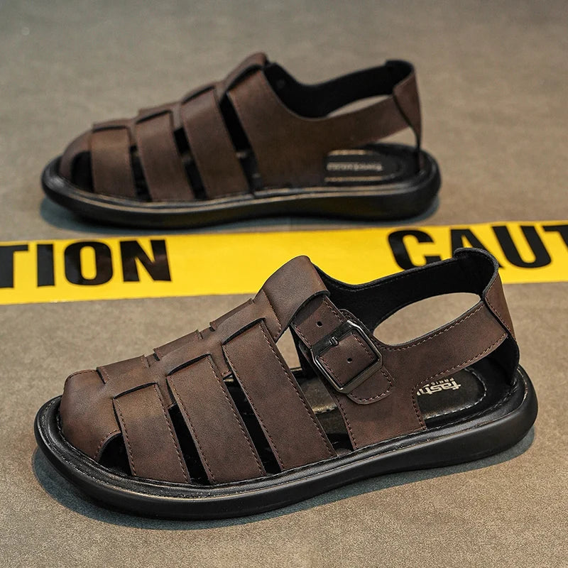 Summer New Men's Sandals High Quality Leather Roman Shoes Men Casual Beach Shoes Luxury Hollow Out Sandalias Male Big Size 38-48