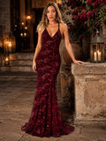Sexy Sequin Floral Mermaid Evening Gown for Women Deep V Neck Spaghetti Strap Formal Prom Dress Floor Length Tulle Wedding Guest Party Ball Gown