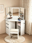 LED Vanity Desk With 3-Light Modes & Built-in Charging Station - Makeup Table With Open Storage Shelves, Drawers & Matching Stool