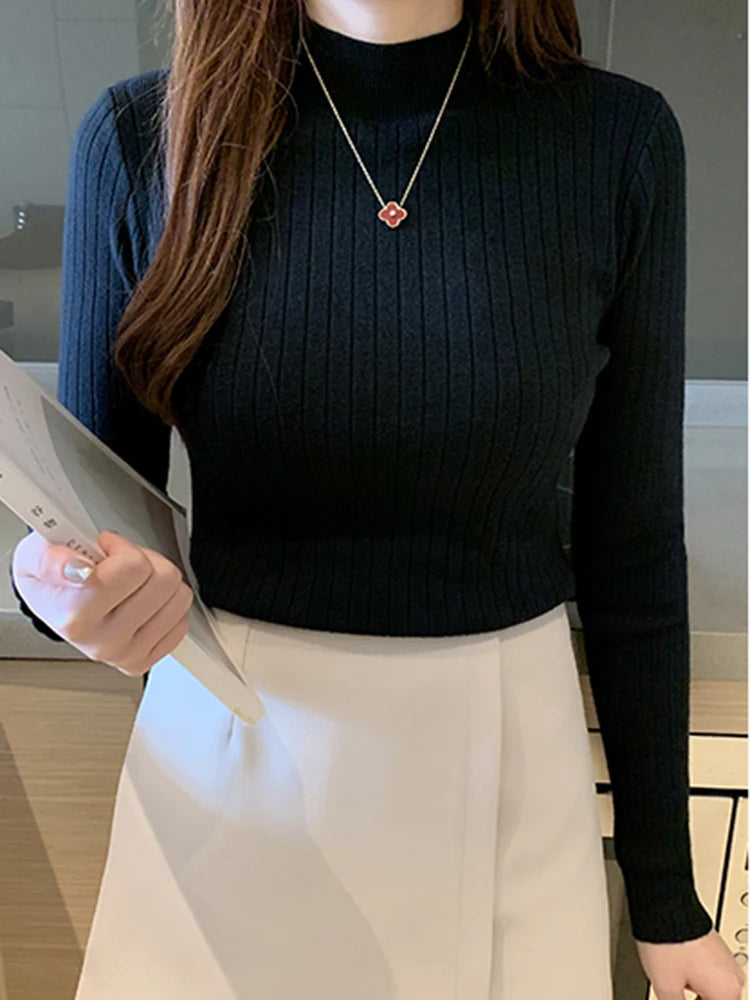 2026 New Autumn Winter Knitted Ribbed Jumper Tops Women Turtleneck Pullovers Sweaters Long Sleeve Korean Slim-fit Female Sweater