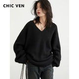 CHIC VEN Women Sweaters Solid Loose Pullovers New V-neck Knitwear Knitted Jumpers Female Top Fashion Woman Autumn Winter 2024