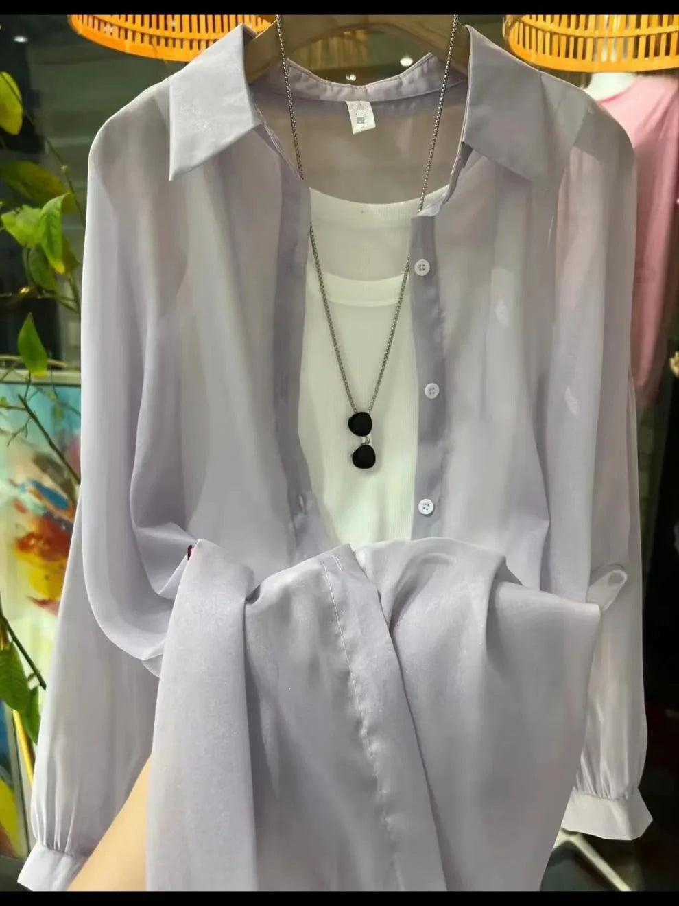 1pcs Woman Four Seasons Shirt Lady Thin Sunscreen Shirts Female Casual Long Sleeve Turn-down Collar Loose Med-Length Style Tops