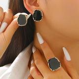 2Pcs/Set New Vintage Enamel Earrings Rings For Women Punk Metal Side Classic Black Oil Drip Irregular Stones Luxury Jewelry Set