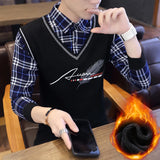 Autumn Winter Plaid Sweaters Polo Collar Pullover Slim Fit Man Clothes Plush Warm Jumpers Thick Fake 2 Piece Polo Shirts