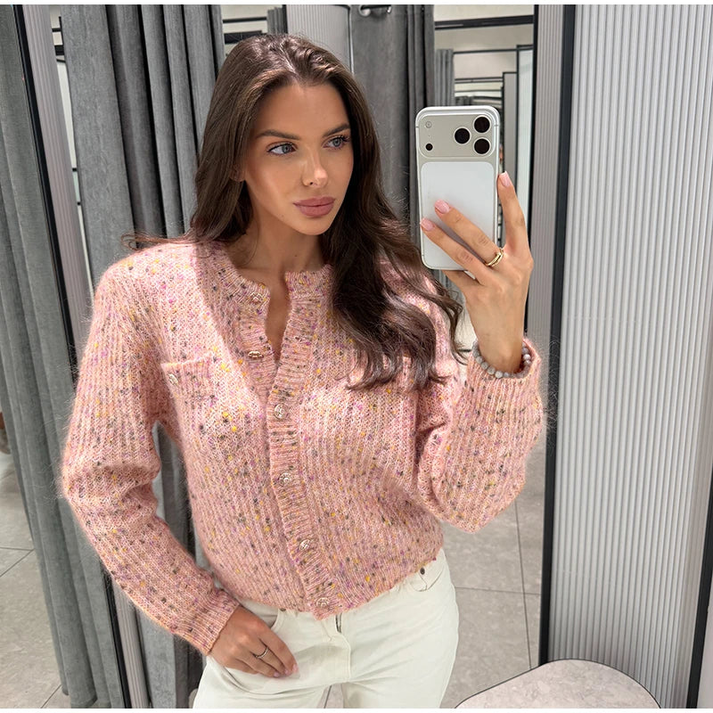 Chic Speckled Knit Cardigan Round Neck Shoulder Pads Long Sleeve Single Breasted Patch Pockets Daily Women Top 2026 Autumn Tops