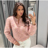 Chic Speckled Knit Cardigan Round Neck Shoulder Pads Long Sleeve Single Breasted Patch Pockets Daily Women Top 2026 Autumn Tops