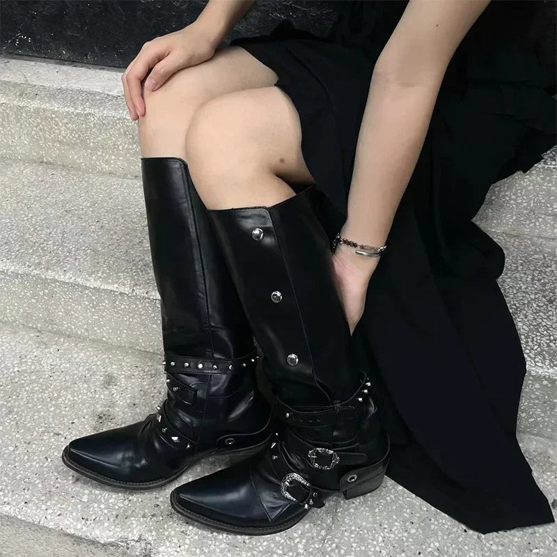 Woman Black Punk Knee High Platform Low Heel Trend Punk Gothic New Rock Leather Fashion Women Chunky Knight Motorcycle Footwear
