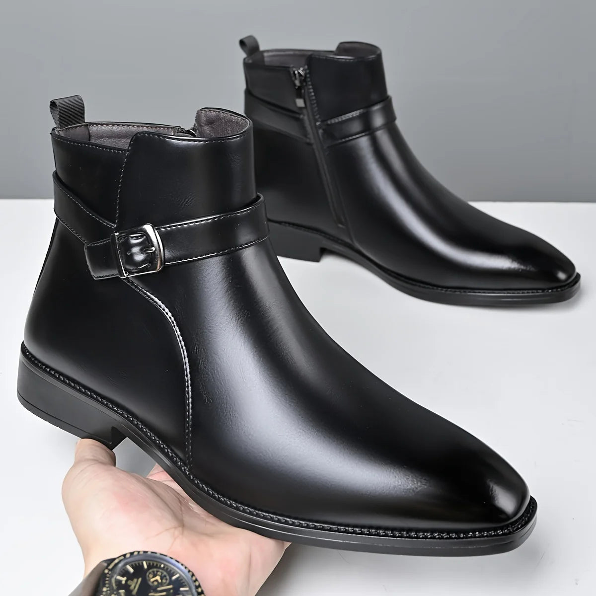 Mens Buckle Strap Ankle Boots Pointed Toe Leather Formal Chelsea Boots Man Business Dress Short Botas for Men High Top Footwear