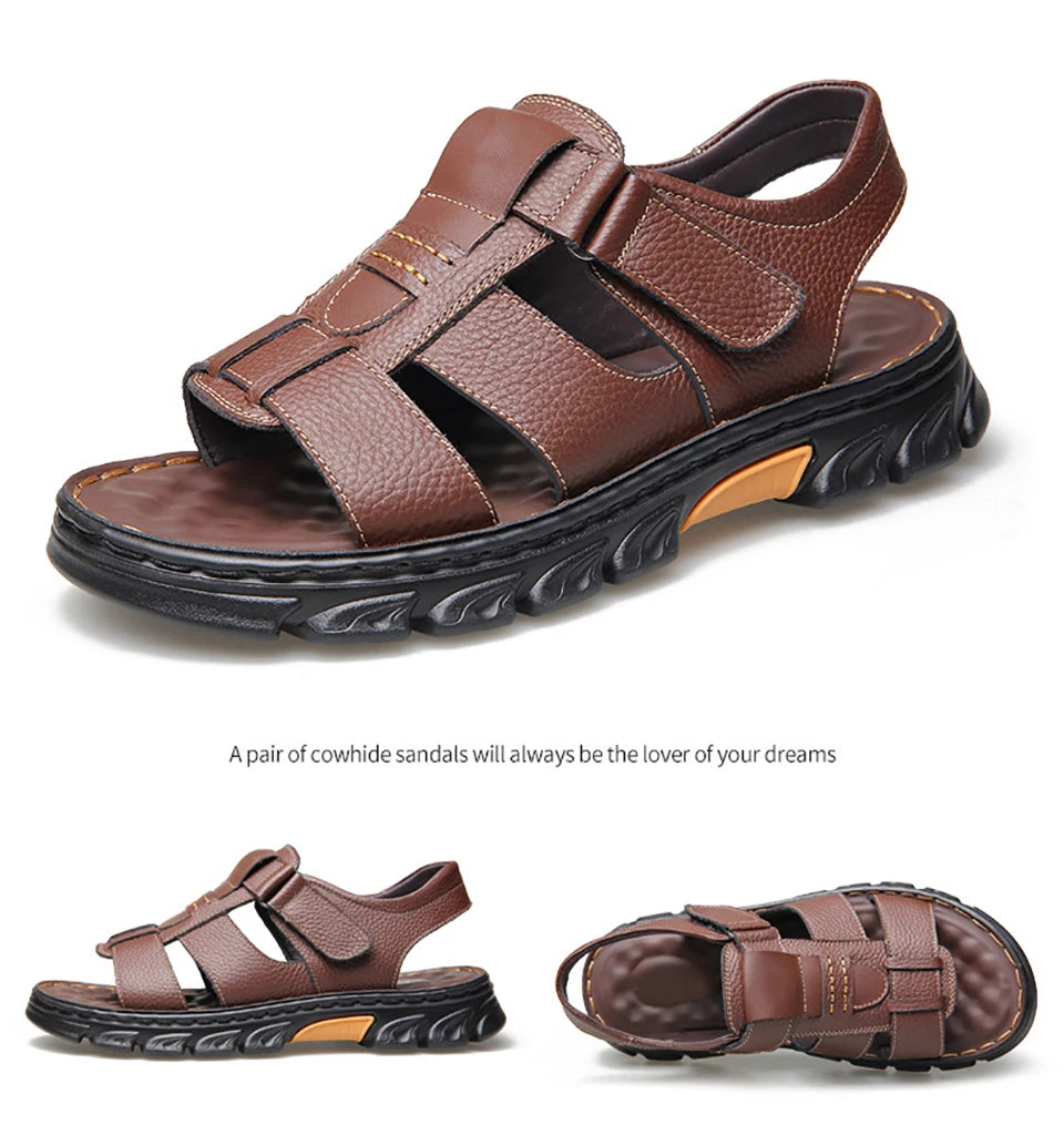 Men's New Beach Shoes Cowhide Slippers Outdoor  Non-slip Thick-soled Leather Sandals for Me
