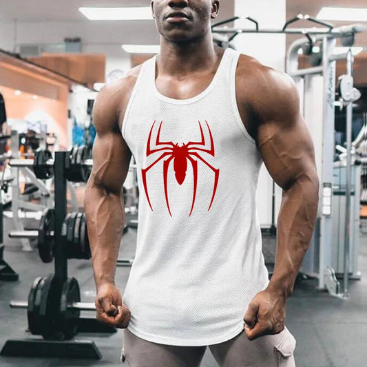 Gym Bodybuilding Summer Absorb Sweat Shirts Mesh Breathable Quick Dry Sleeveless Vests Mens Workout Fitness Red Spider Tank Tops