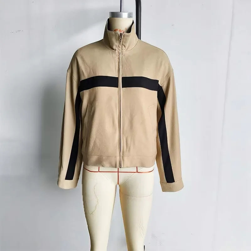 Women's Jackets Beige Black Zip Collar Crop Jacket Lapel Loose Streetwear Spring Autumn Chic Sports Outfits Short Coats 2026 New