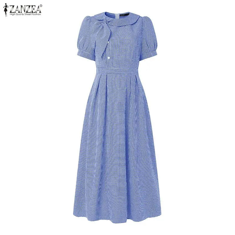 Women Summer Plaid Dress ZANZEA Elegant O Neck Short Sleeve Work Midi Sundress Woman Stylish A Line Holiday Robe Loose Dresses